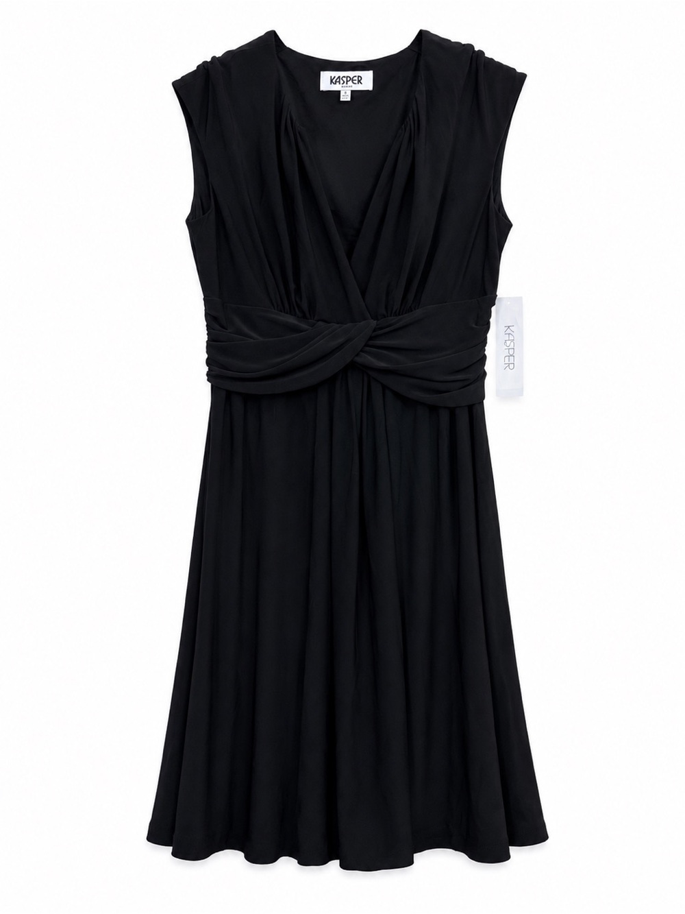 Kasper Black V Neck Dress 6 Ruched Twist Waste Sleeveless Career Party Elegant
